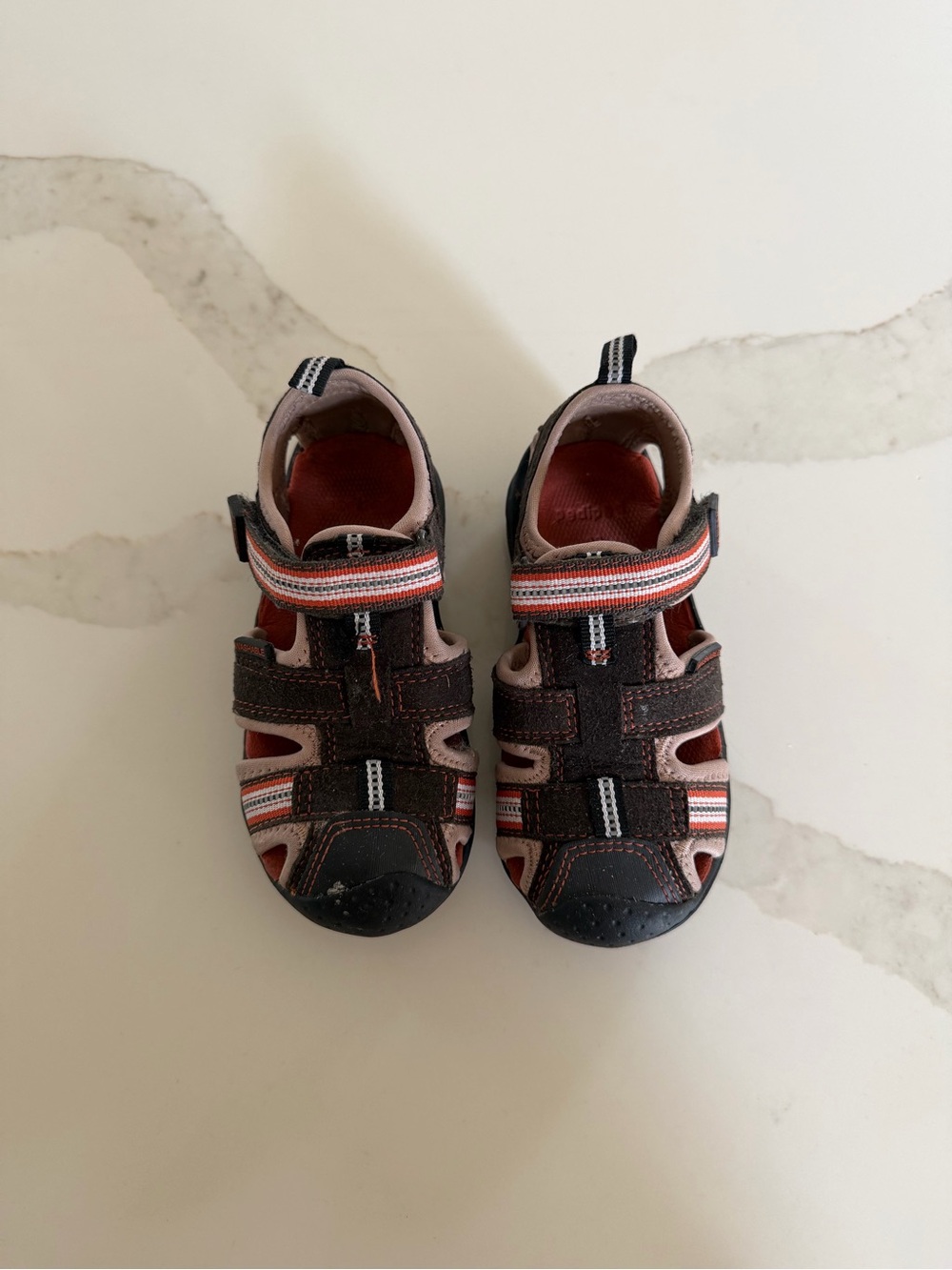 Kids Brown and Pink Closed-Toe Sandals with Red Accents